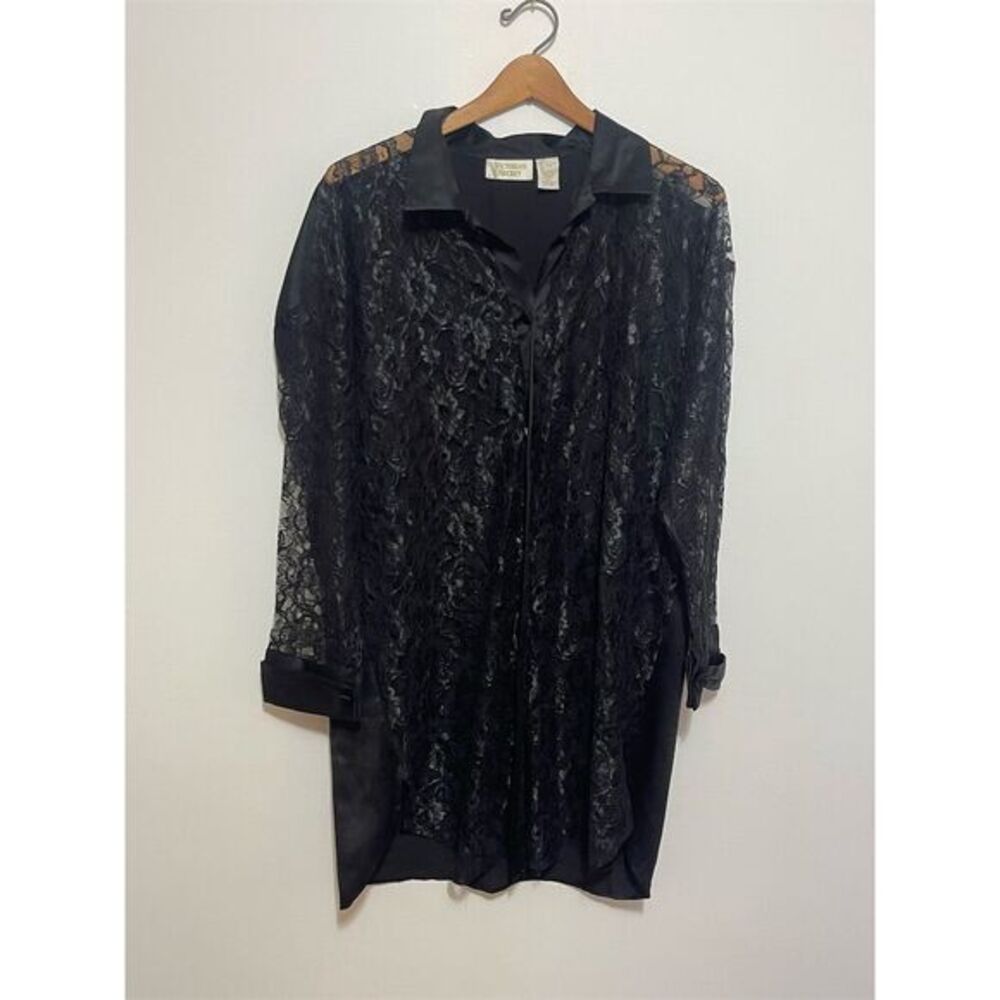 Vintage lingerie Victoria's Secret Women's Black Lace Button-Up nighty Top SZ M